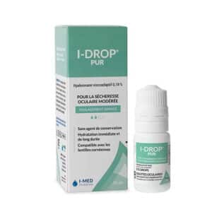 Flacon de 10 ml d’I-DROP® PUR 0.18%, gouttes oculaires sans conservateur à base d’acide hyaluronique, conçues pour soulager la sécheresse oculaire modérée et compatibles avec les lentilles de contact.