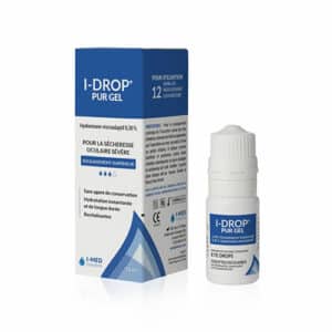 Flacon de 10 ml d’I-DROP PUR GEL 0.3%, lubrifiant oculaire sans conservateur à base d’acide hyaluronique, conçu pour soulager la sécheresse oculaire modérée à sévère.