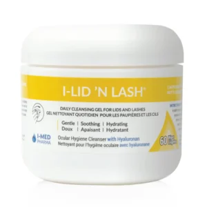 Pot de 60 lingettes nettoyantes pour les yeux I-LID N’ LASH® imprégnées d’acide hyaluronique, conçues pour l’hygiène quotidienne des paupières sensibles et la prévention de la sécheresse oculaire.