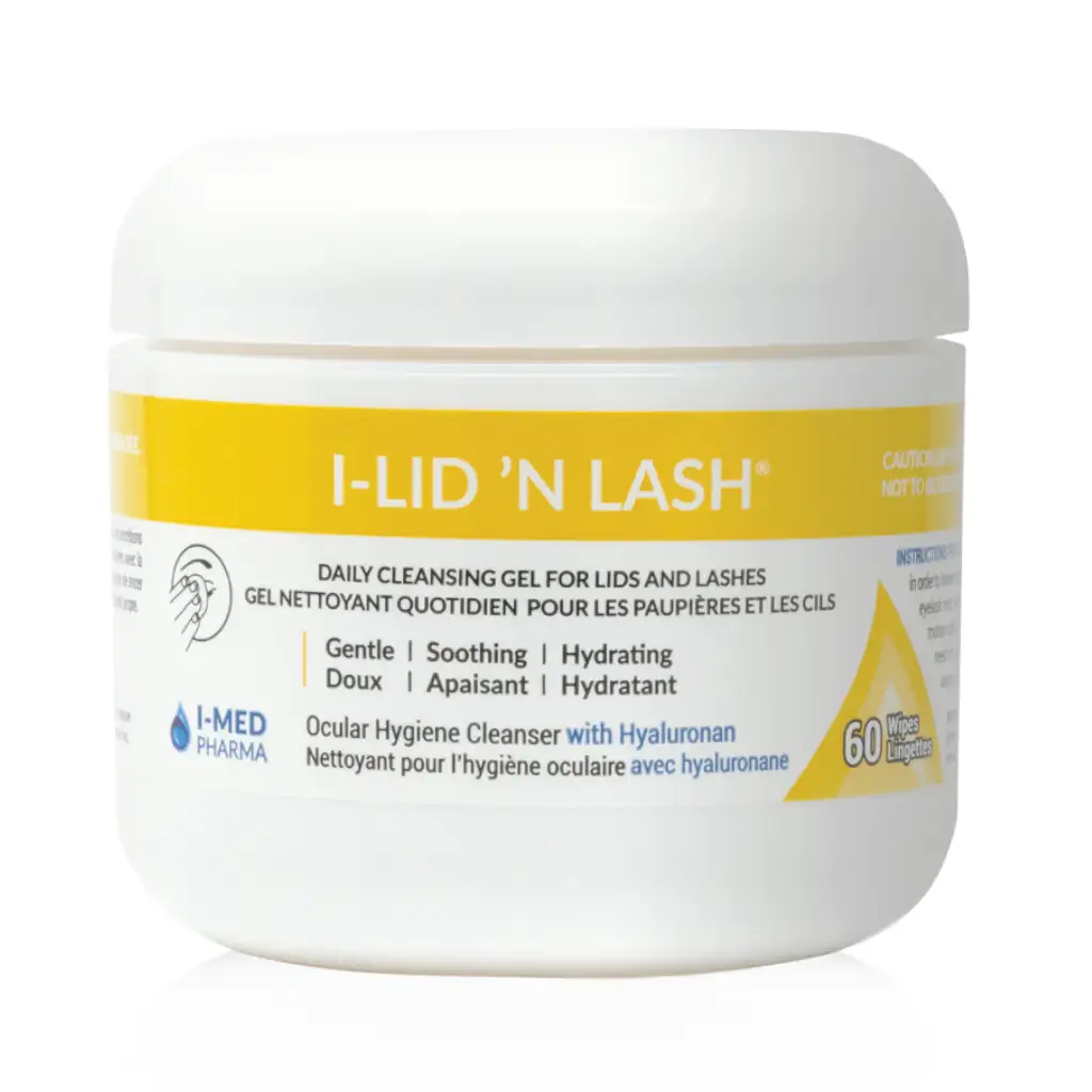 Pot de 60 lingettes nettoyantes pour les yeux I-LID N’ LASH® imprégnées d’acide hyaluronique, conçues pour l’hygiène quotidienne des paupières sensibles et la prévention de la sécheresse oculaire.