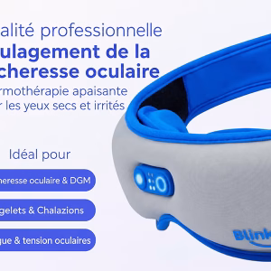 Masque chauffant rechargeable Blinkjoy gris et bleu avec boutons de controle et logo